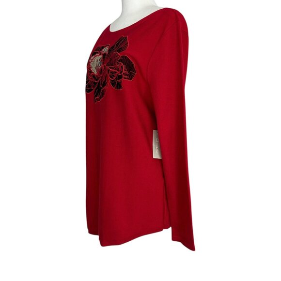 Chico's Red Placed Floral Bateau Long Sleeve Embellished Knit Sweater NWT (L) - Picture 3 of 13